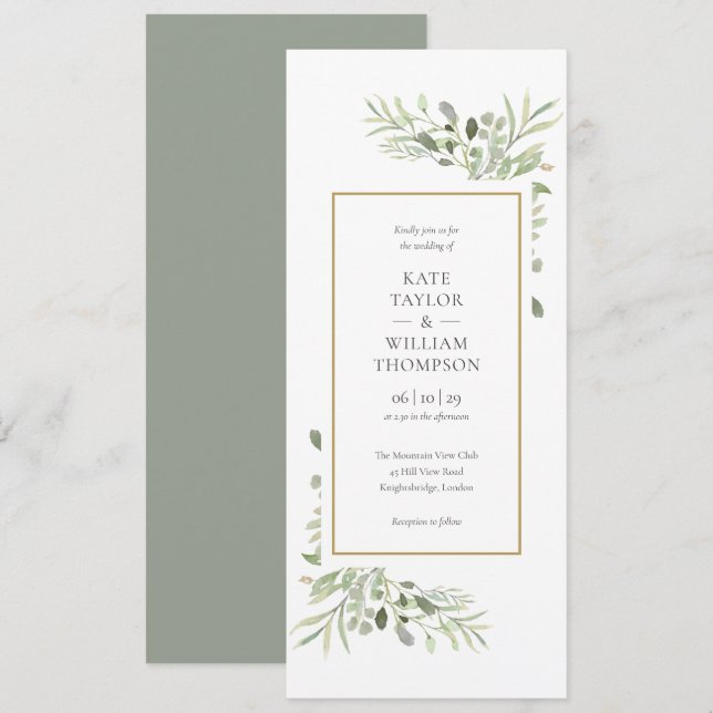 Invitation Élégant mariage à l'aquarelle verdure (Devant / Derrière)