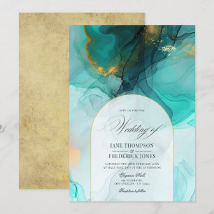 Invitation Élégant mariage à l'encre coulante turquoise et or