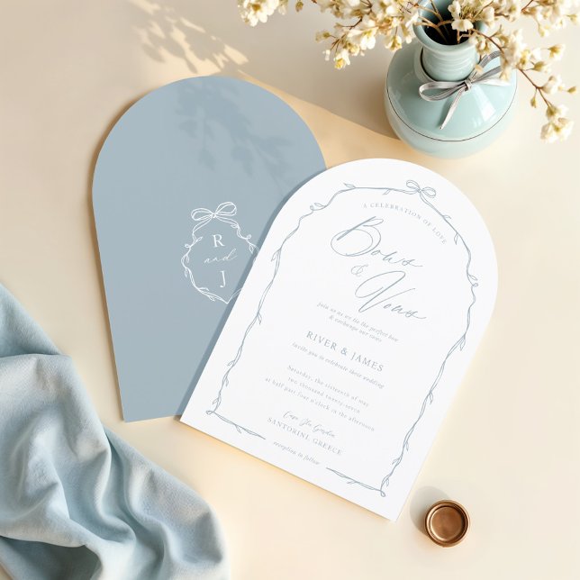 Invitation Elégant Mariage à main dessinée Bleu Bow & Ruban A (Elegant Hand Drawn Blue Bow & Ribbon Arch Wedding Invitation)