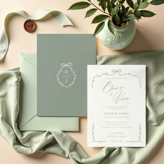 Invitation Élégant Mariage à main verte et à ruban (Elegant Green Hand Drawn Bow & Ribbon Wedding Invitation)