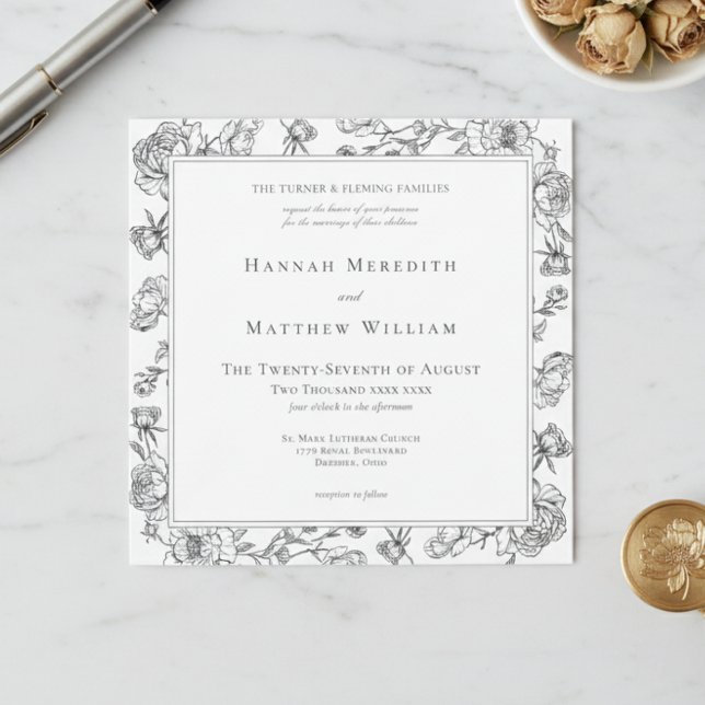 Invitation Élégant mariage à motif chinois noir avec oiseau e (Elegant Black Chinoiserie Bird & Crest Wedding Invitation)