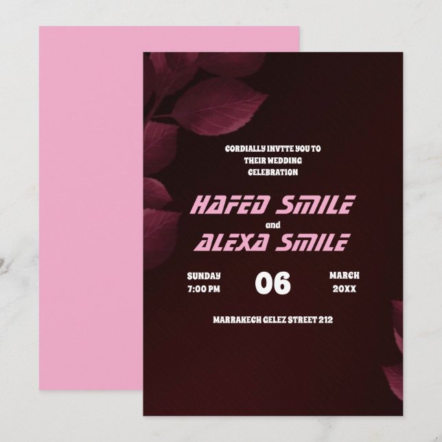 Invitation Élégant mariage à motif de rose de Bourgogne et fl (Devant / Derrière)