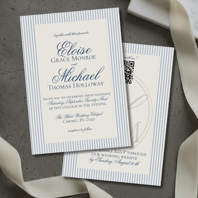 Invitation Élégant Mariage à Rayures Bleues Script Ancien Arg (Elegant Old Money Script Blue Stripe Wedding Invitation)