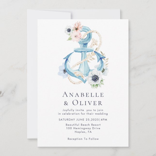 Invitation Élégant Mariage Ancre floral nautique (Devant)