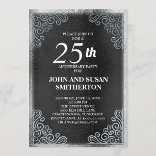 Invitation Élégant Mariage Anniversaire de 25 ans Noir Argent