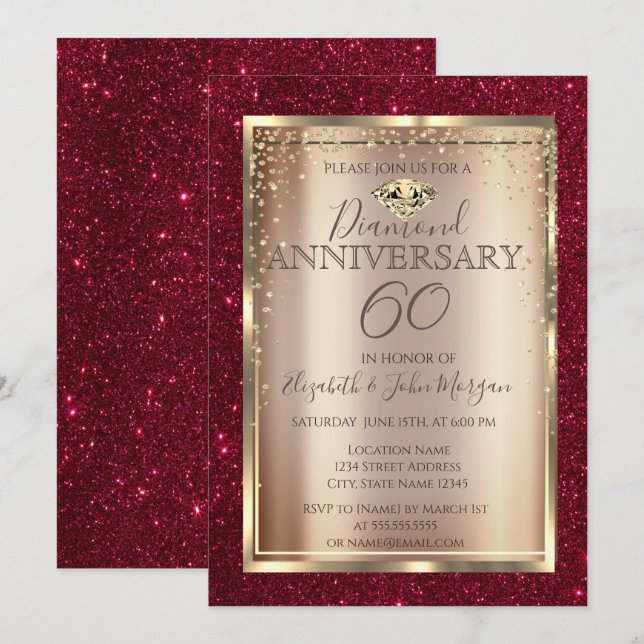Invitation Élégant Mariage Anniversaire Paillettes Rouges  (Devant / Derrière)