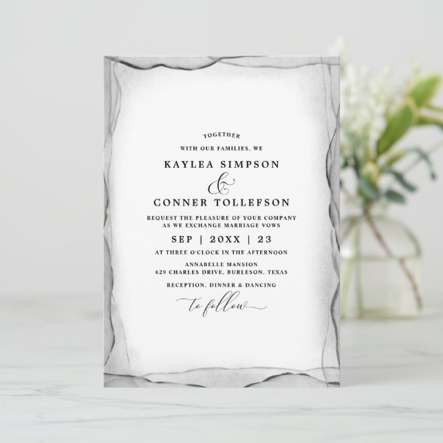 Invitation Élégant Mariage Aquarelle Abstraite Noir & Blanc (Debout devant)