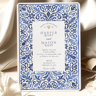 Invitation Élégant mariage aquarelle en carreaux bleus italie