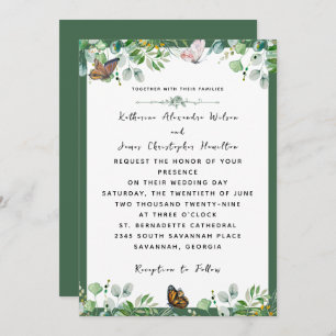 Invitation Elégant Mariage Aquarelle Floral Papillon Vert