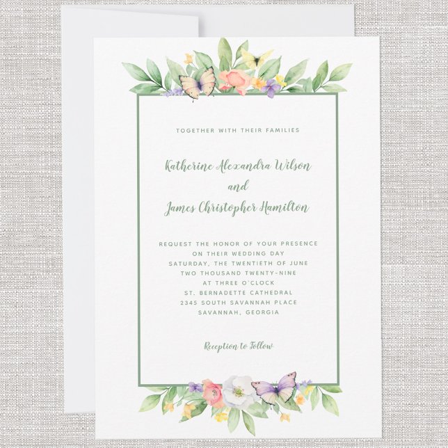 Invitation Elégant Mariage Aquarelle Floral Papillon Vert (Elegant Wedding Watercolor Floral Butterfly Green Invitation)