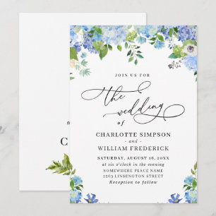 Invitation Élégant Mariage Aquarelle Hydrangea Bleu Verdure