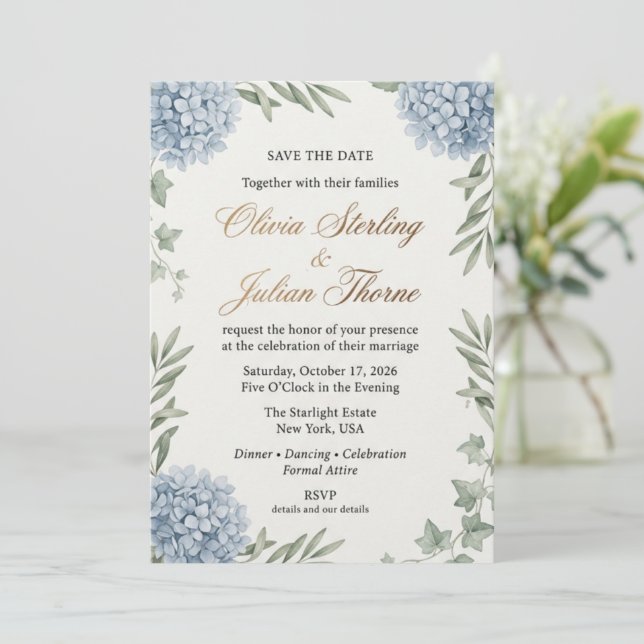Invitation Élégant Mariage Aquarelle Hydrangea Bleue  (Debout devant)
