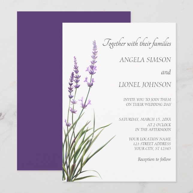 Invitation Élégant mariage aquarelle lavande  (Devant / Derrière)