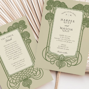 Invitation Élégant Mariage Arbre Art Déco Vert Sauge