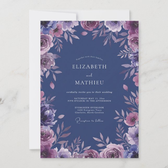 Invitation Élégant Mariage Ardoise Améthyste Pétales (Devant)