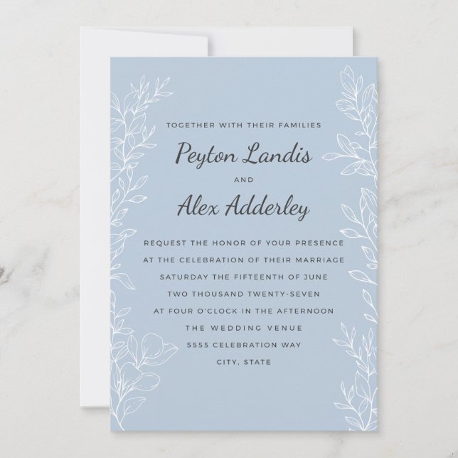 Invitation Élégant Mariage Art Botanique Ligne Poussiéreux Bl (Devant)