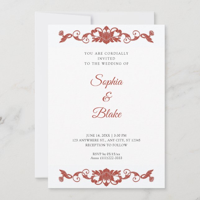 Invitation Élégant Mariage Art Déco Floral Rouge et Blanc (Devant)