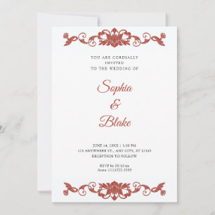 Invitation Élégant Mariage Art Déco Floral Rouge et Blanc