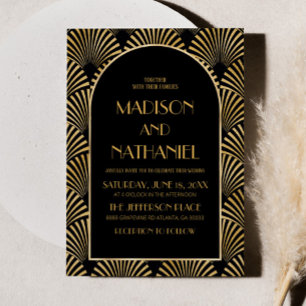 Invitation Elégant Mariage Art Déco Géométrique Noir Or