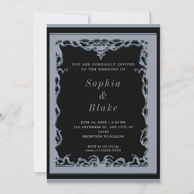 Invitation Elégant Mariage Art déco noir et argenté (Devant)