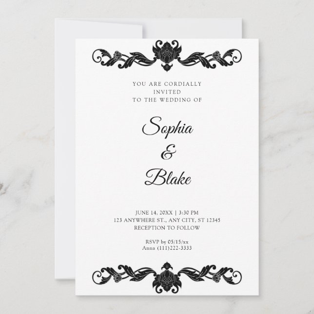 Invitation Elégant Mariage Art déco noir et blanc (Devant)