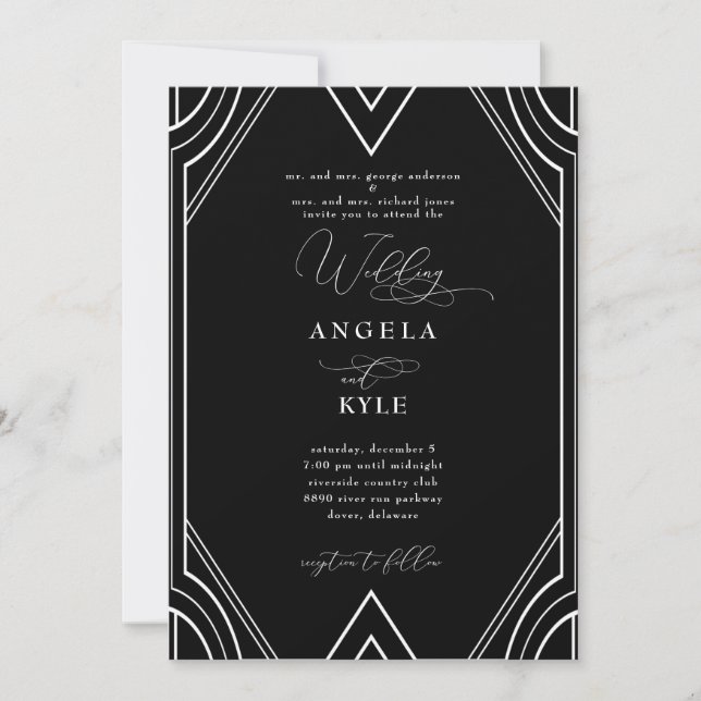 Invitation Elégant Mariage Art Déco noir et blanc (Devant)