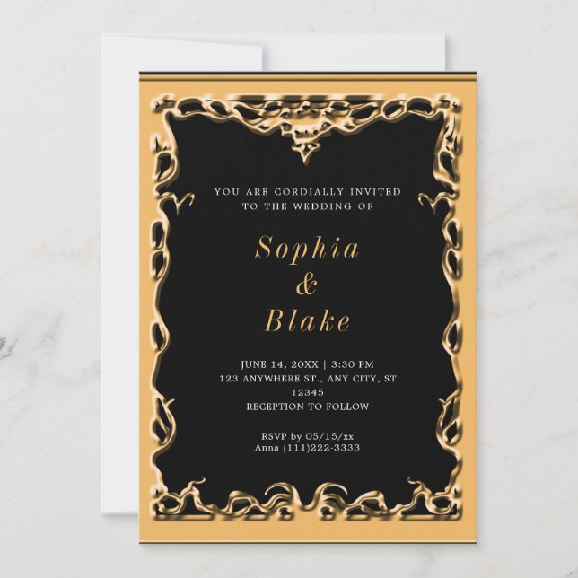 Invitation Elégant Mariage Art déco noir et or (Devant)