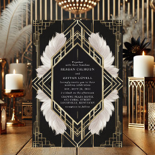 Invitation Élégant Mariage Art déco noir et or