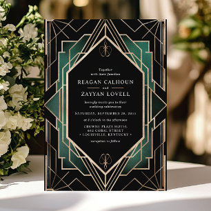 Invitation Élégant Mariage Art Déco Noir et Or Émeraude