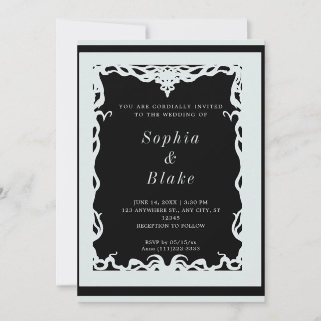Invitation Elégant Mariage Art déco noir et vert pâle (Devant)