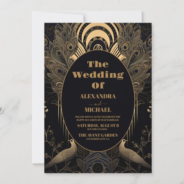 Invitation Elégant Mariage Art Déco Peacocks (Devant)