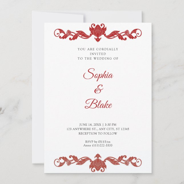Invitation Elégant Mariage Art déco rouge et blanc (Devant)