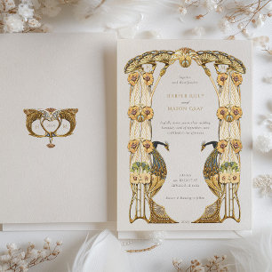 Invitation Élégant Mariage Art Nouveau Paon