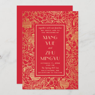 Invitation Élégant mariage asiatique fleuri rouge. Chinois cl