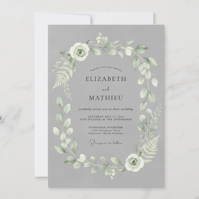 Invitation Élégant Mariage au Feuillage Gris Ardoise (Devant)
