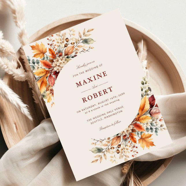 Invitation Élégant Mariage Automnal à l'Aquarelle Douce (Elegant autumn foliage invitation sets a warm tone for your wedding.)