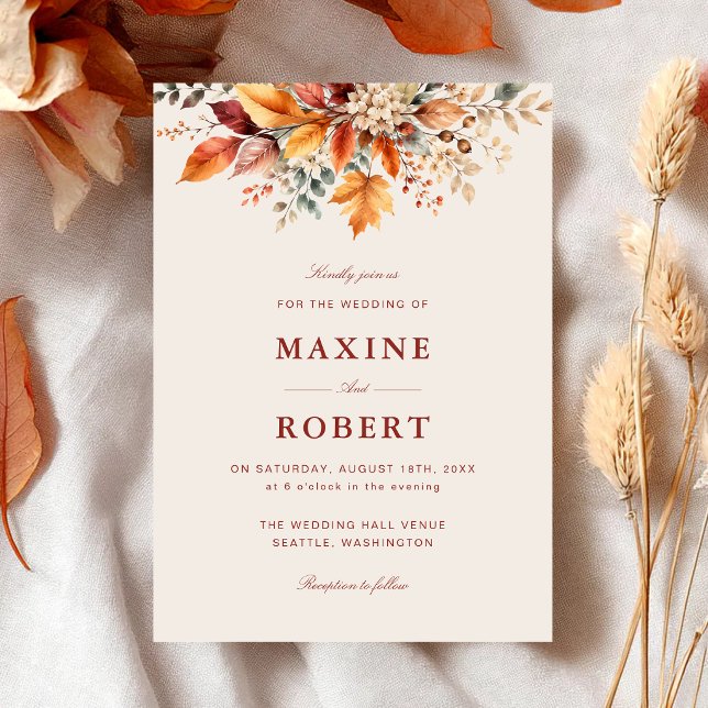 Invitation Élégant Mariage Automnal à l'Aquarelle Douce (Elegant autumn foliage watercolor invitation creates a warm welcome for your special day.)