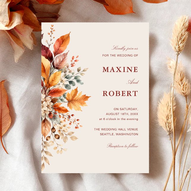 Invitation Élégant Mariage Automnal à l'Aquarelle Douce (Elegant autumn foliage watercolor invitation creates a warm welcome for your wedding.)