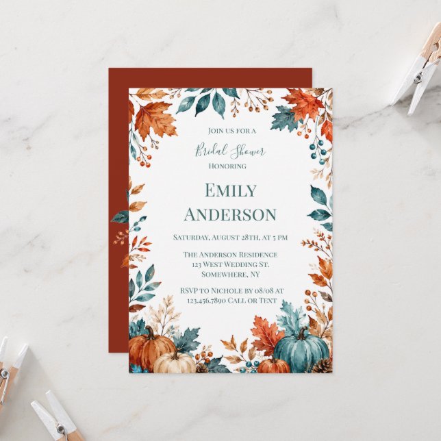 Invitation Élégant mariage automnal avec citrouilles sarcelle (Devant/Arrière en situation)