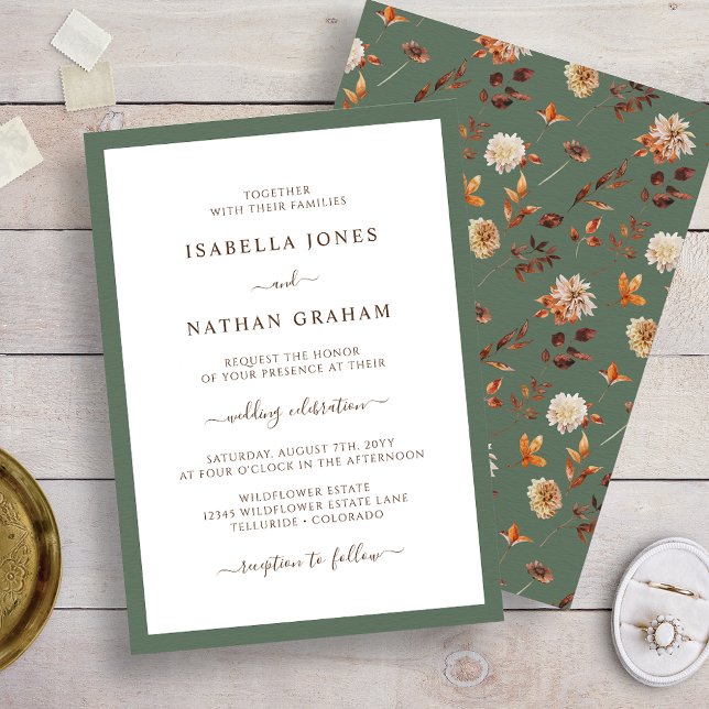 Invitation Élégant Mariage Automnal de Sauge (Elegant Minimalist Sage Green Autumn Wedding Invitation by Painted Paperei
)