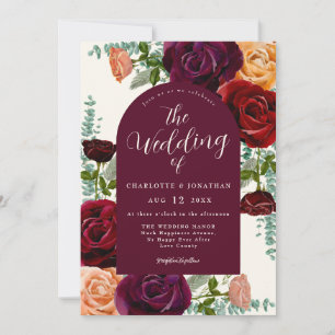 Invitation Élégant Mariage Automnal Floral Bourgogne Orange B