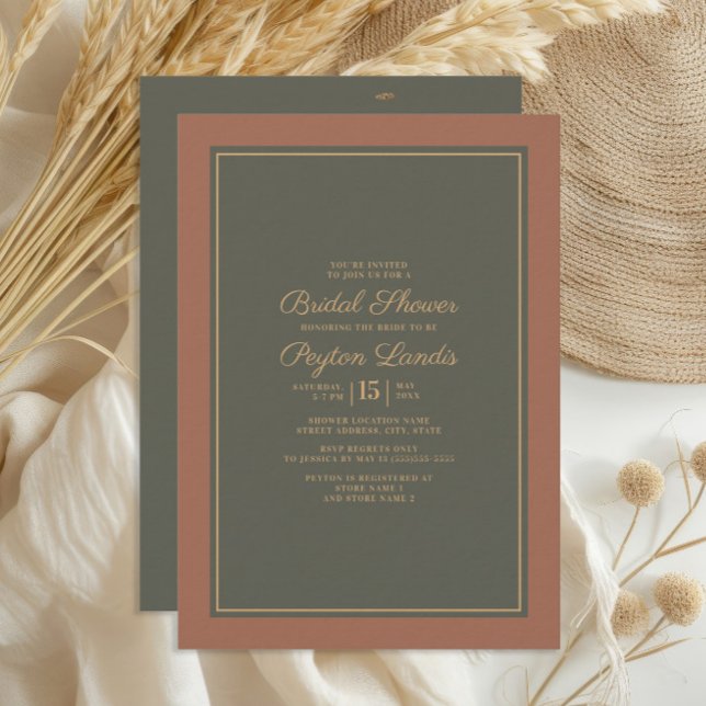 Invitation Élégant Mariage Automnal Vert Mousse Rouille Éléga (Burnt orange/terracotta and dark sage/olive green bridal shower invitation)