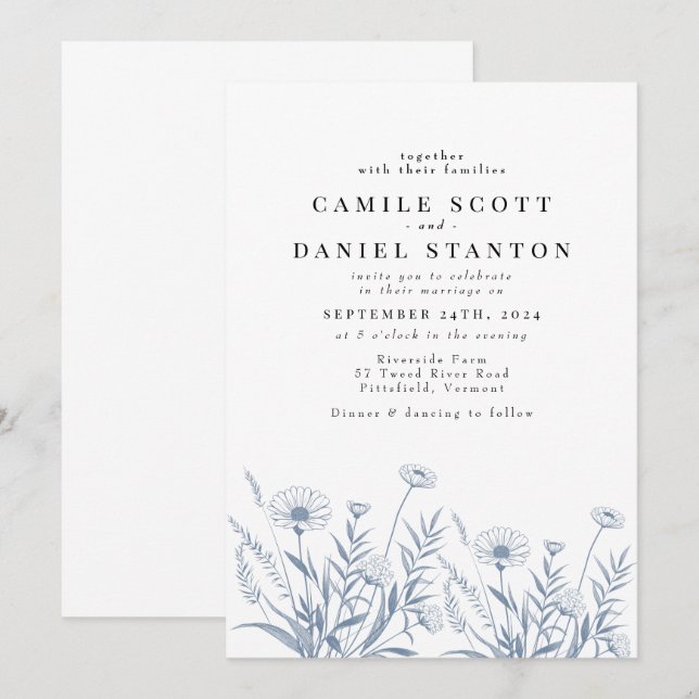 Invitation Élégant mariage aux fleurs sauvages de pervenche (Devant / Derrière)