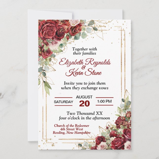 Invitation Élégant mariage aux roses rouges (Devant)