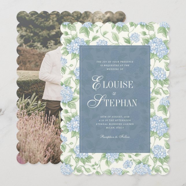 Invitation Élégant mariage avec Hydrangea Blue Sage à bordure (Devant / Derrière)