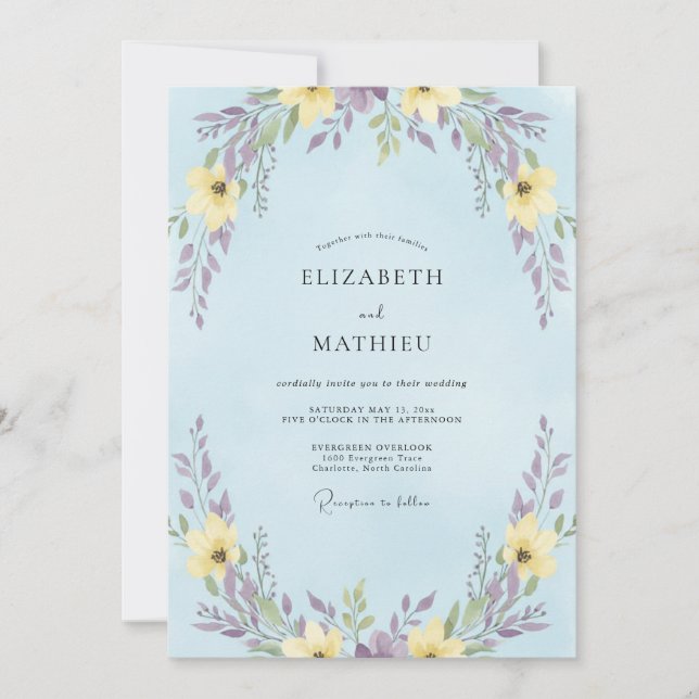 Invitation Élégant mariage avec la pervenche sauvage jaune (Devant)
