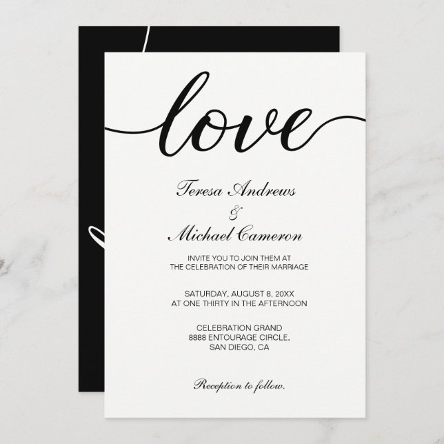 Invitation Élégant mariage avec texte d'amour noir et blanc (Devant / Derrière)