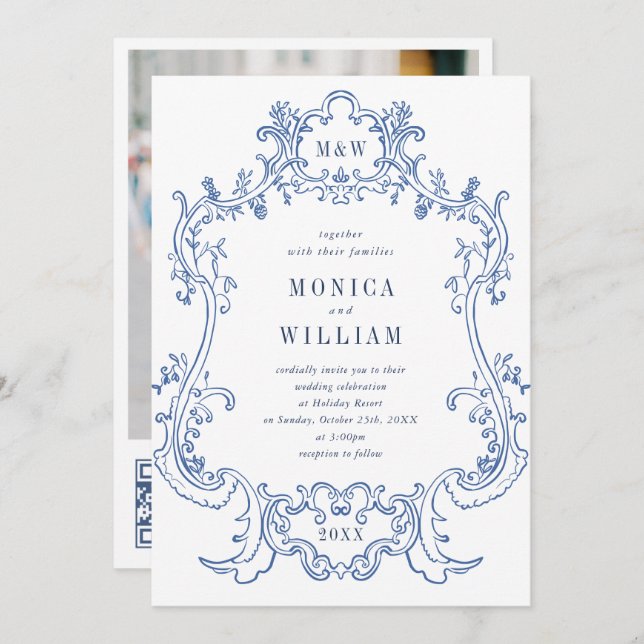 Invitation Elégant Mariage Baroque Bleu Ornate Frame Photo QR (Devant / Derrière)