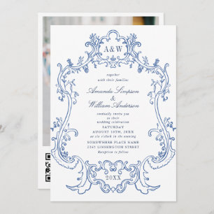 Invitation Elégant Mariage Baroque Bleu Ornate Frame Photo QR