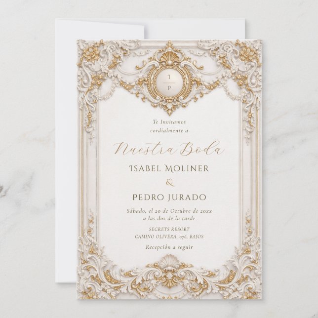 Invitation Élégant Mariage Baroque Or & Blanc Nuestra Boda (Devant)
